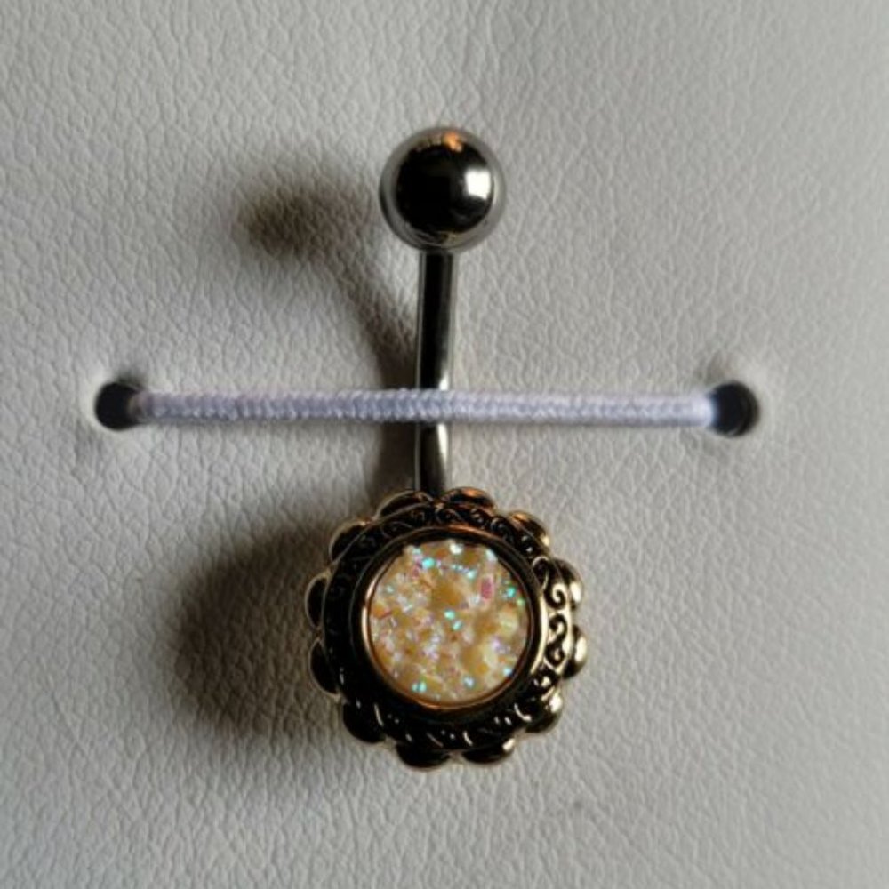 Gold Filigree Flower w/ Druzy Stone Center 316L Surg. Steel Belly Ring White